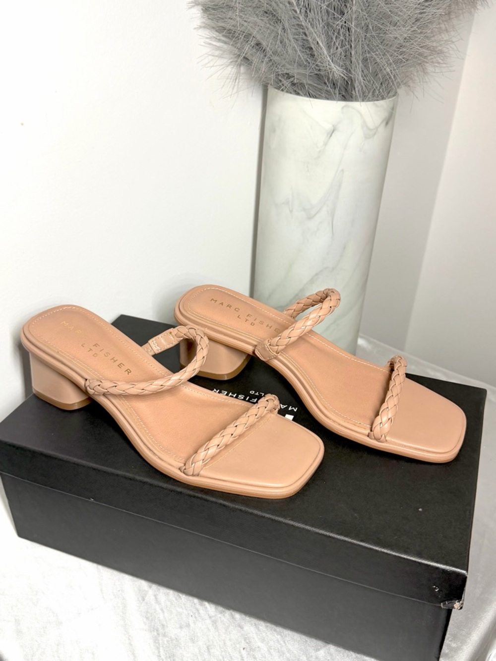Marc Fisher Nude Braided-Strap Low Block Heel Mules